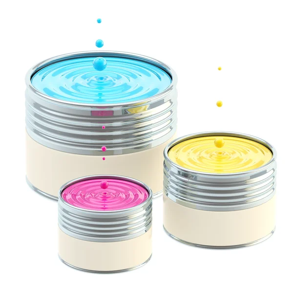 Stock image CMYK colored buckets of paint isolated