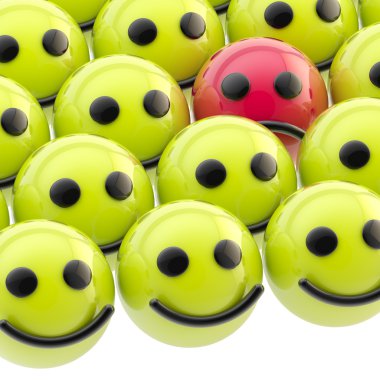 Sad smiley face among happy ones clipart