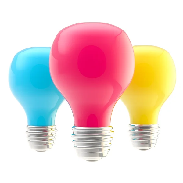 Три цветные лампочки CMYK — стоковое фото