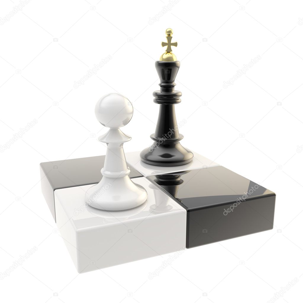 Black chess pieces. Queen pawn and king isolated. Chessboard