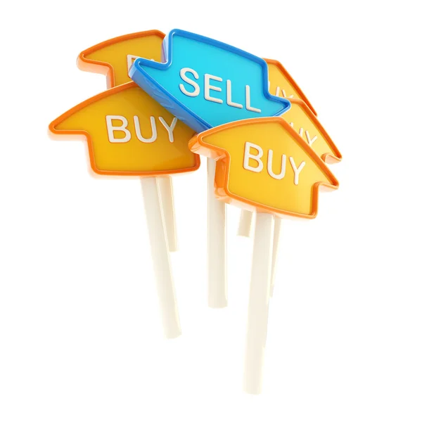 Vender placa no meio de comprar uns isolados — Fotografia de Stock