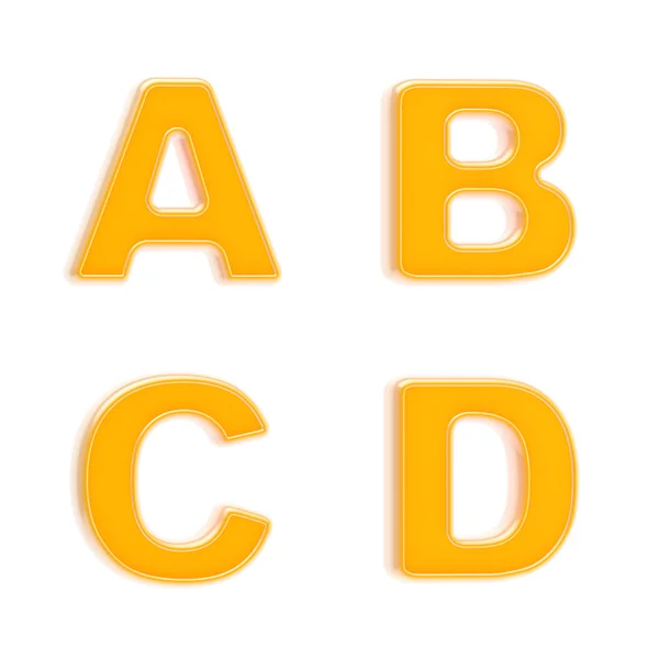 Abc Set aus vier orange glänzenden Plastikbuchstaben — Stockfoto