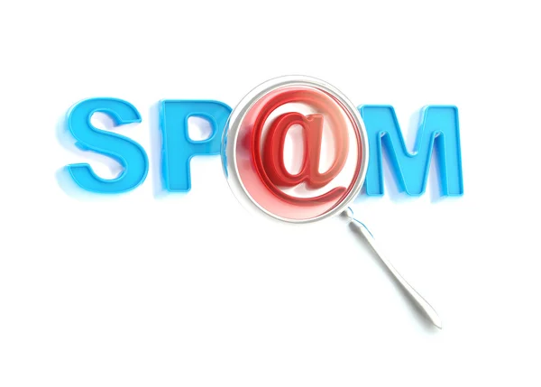 Słowo "spam" pod Lupa na białym tle — Zdjęcie stockowe