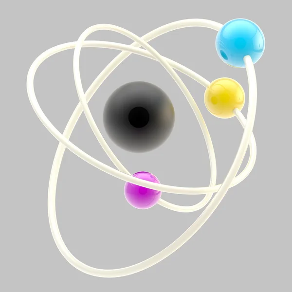 Atom symbol in cyan, magenta and yellow colors — Stock Photo, Image