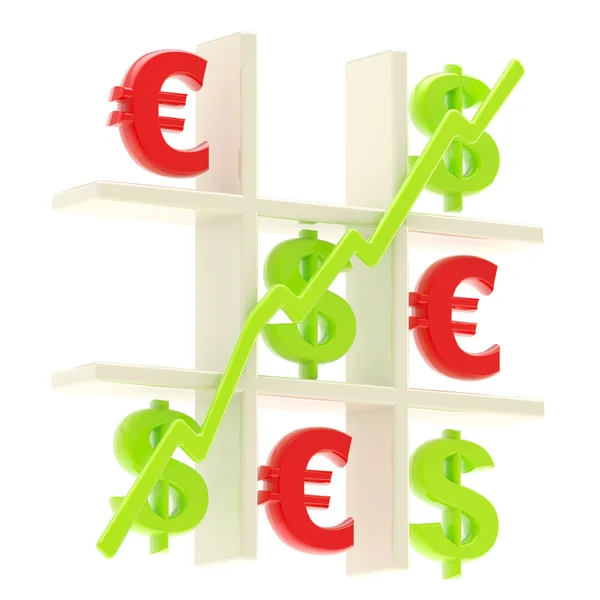 Money: tic tac toe made of dollar and euro signs — Stock Photo, Image