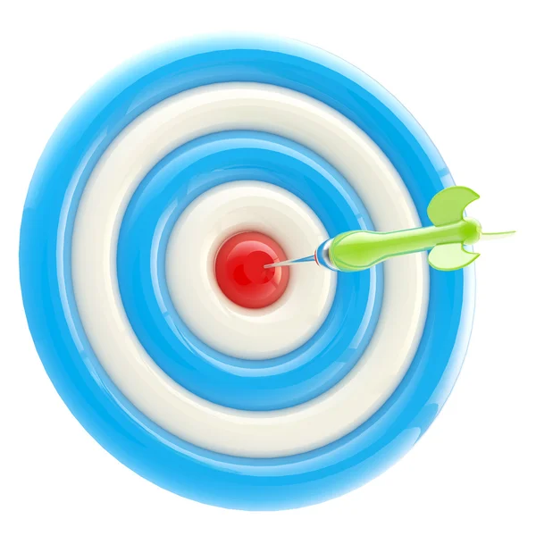 Aim and bull's-eye: dart thrown to exact center — Stock Photo, Image