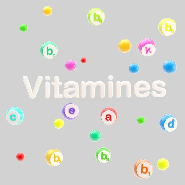 stock image Vitamines word surrounded with pills and tablets