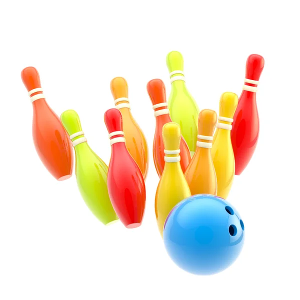Bowling míč rozbije na barevné kolíky izolované — Stock fotografie