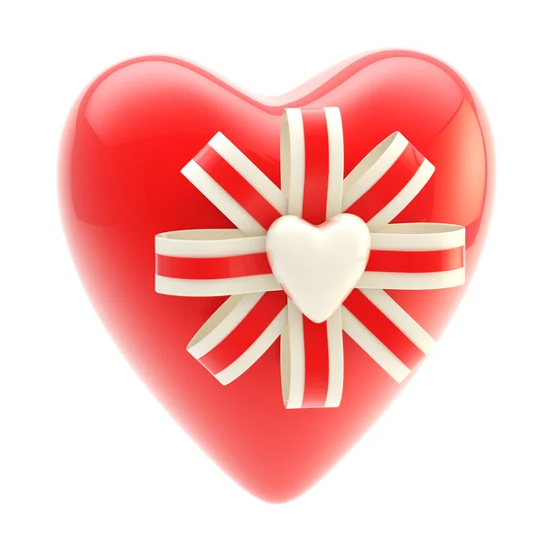 Röd glansig hjärtat inredda med rosett — Stockfoto