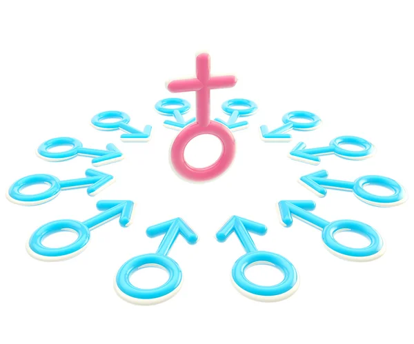 Женский знак в окружении мужских знаков — стоковое фото