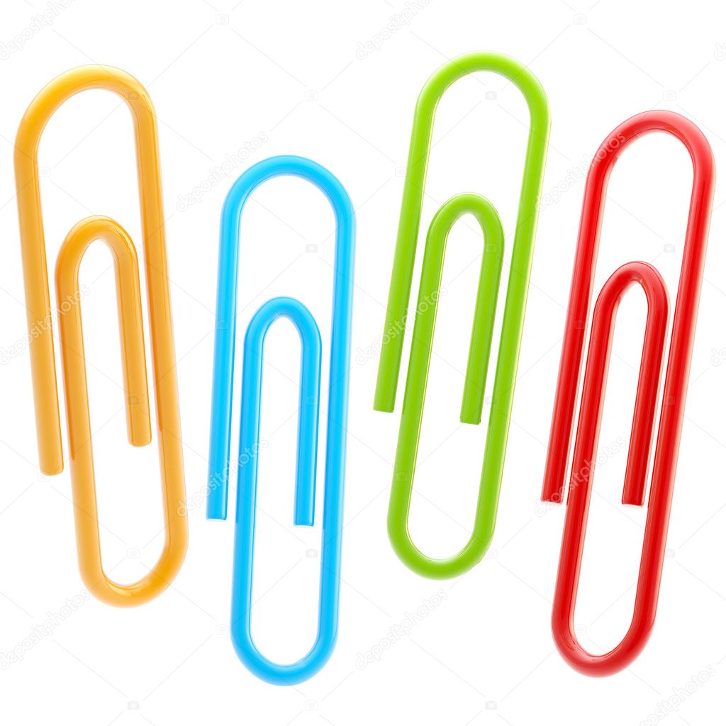 Set of four colorful paper clips isolated
