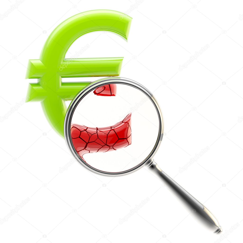 Crashing euro sign under the magnifier