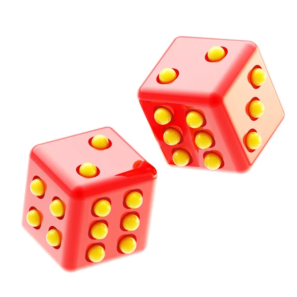 Spelen van rode en gele glanzende dobbelstenen geïsoleerd — Stockfoto