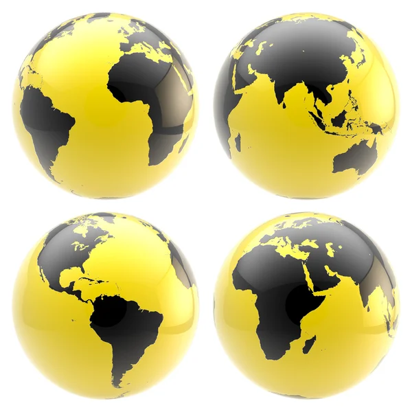 Zestaw czterech globusów błyszczący planety na białym tle — Zdjęcie stockowe