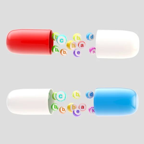 Pílulas vitamínicas brilhantes com dragees vitamínicos no interior — Fotografia de Stock