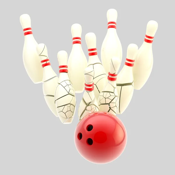 Bowlingové koule, rozbíjení k popraskání kolíky izolované — Stock fotografie