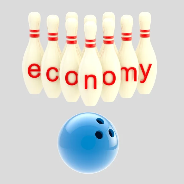 Concepção de economia como pinos esmagados pela bola de boliche — Fotografia de Stock