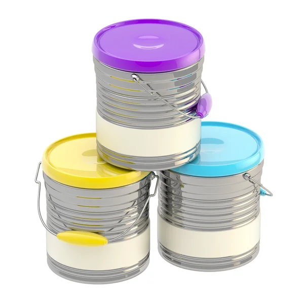Set of three glossy paint buckets isolated — Stock Photo, Image