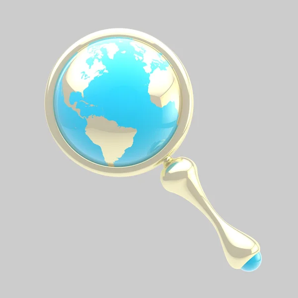 Magnifying glass icon with an earth globe inside — Stock Photo, Image