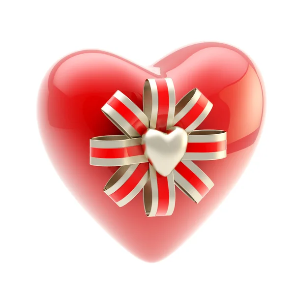 Κόκκινο γυαλιστερό καρδιά διακοσμημένα με φιόγκο — Φωτογραφία Αρχείου