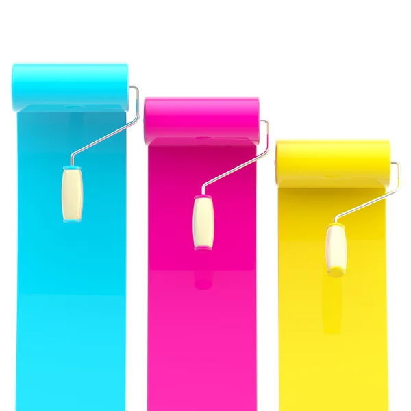 Rolos coloridos de tinta brilhante com traços de cor — Fotografia de Stock