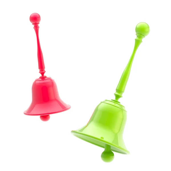 Δύο γυαλιστερό πράσινο και το κόκκινο handbells απομονωθεί — Φωτογραφία Αρχείου