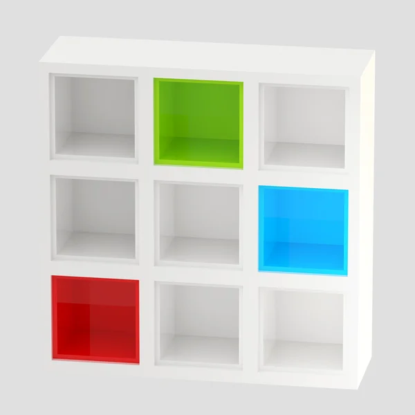 Weiße glänzende Bücherregale, farbige Zellen isoliert — Stockfoto