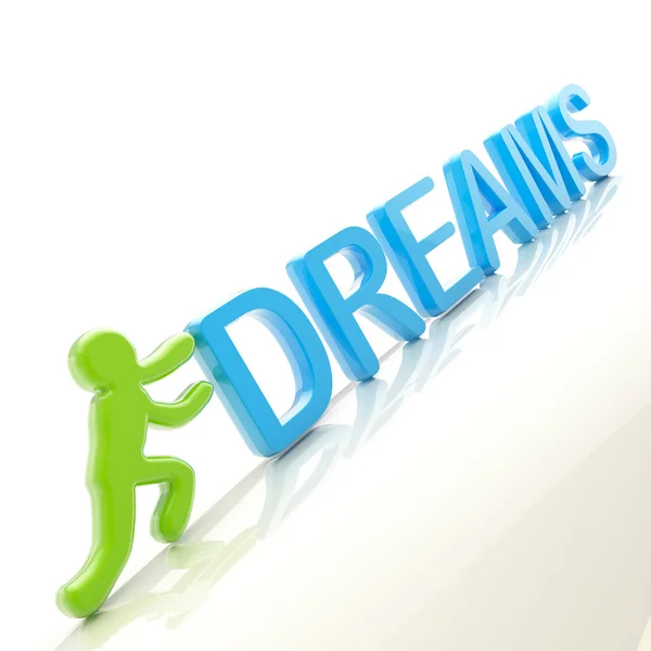 Figura humana empurrando a palavra "sonhos" para cima — Fotografia de Stock