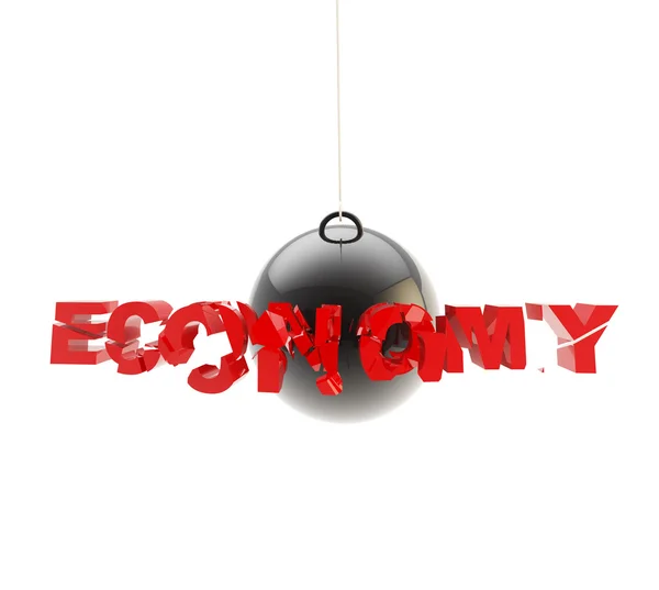 Palavra "economia" está sendo batida por esfera metálica — Fotografia de Stock