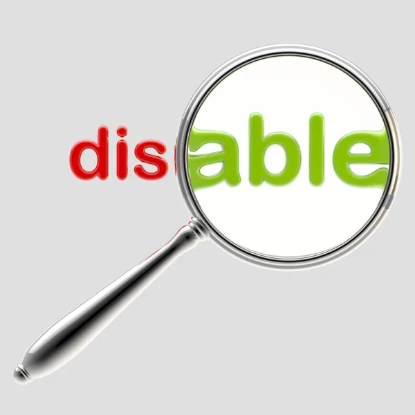 Word "disable" under magnifier emblem isolated — Stock Photo, Image