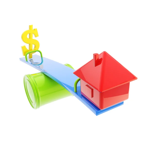 Icon-like house and usa dollar sign on theseesaw Stock Photo