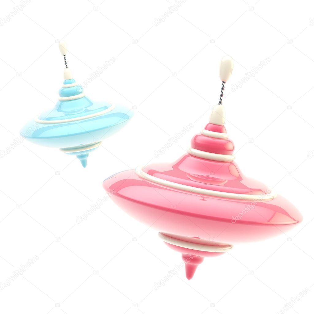 Two colorful pink and blue glossy whirligigs