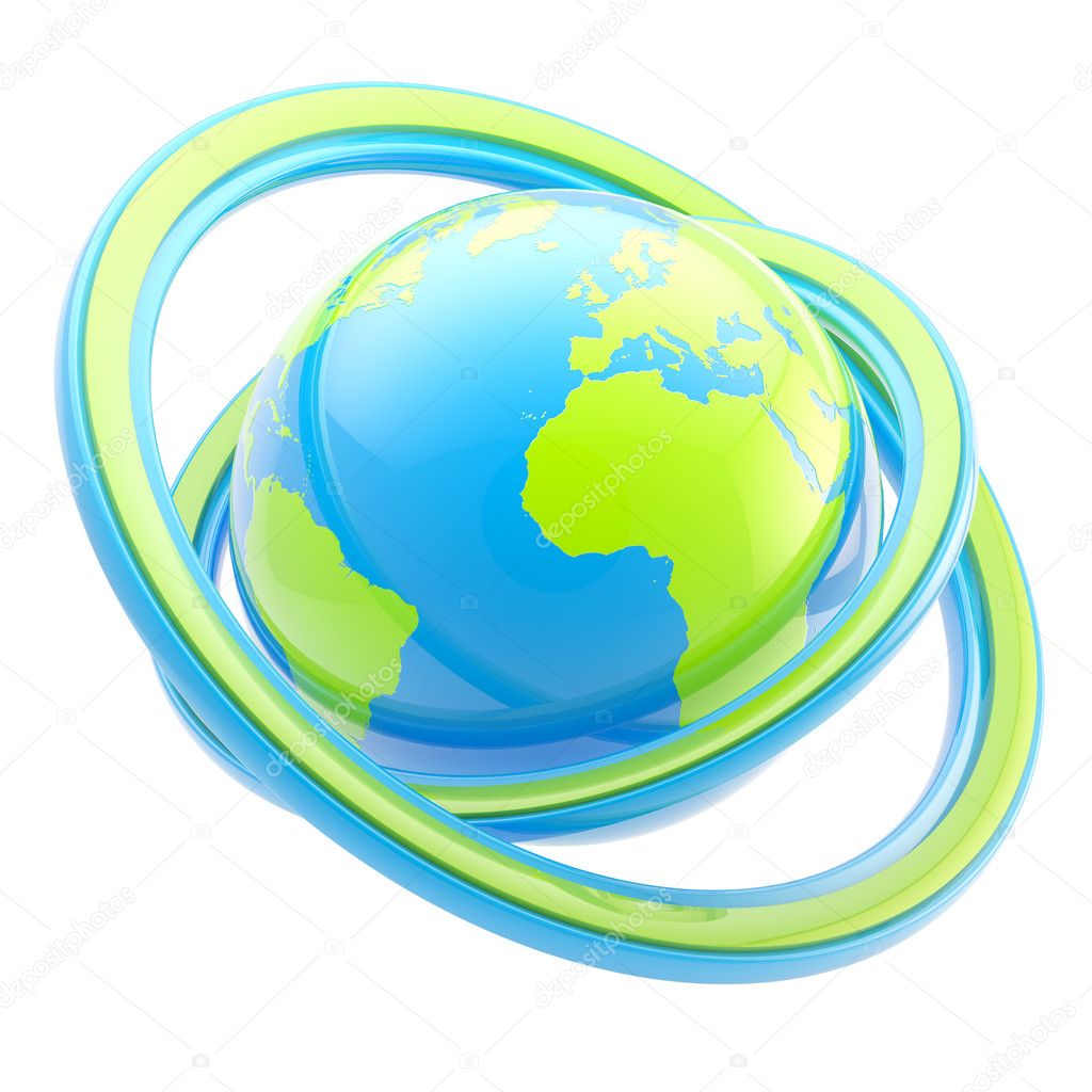 Travel and earth emblem: blue and green bright glossy planet sphere isolated on white