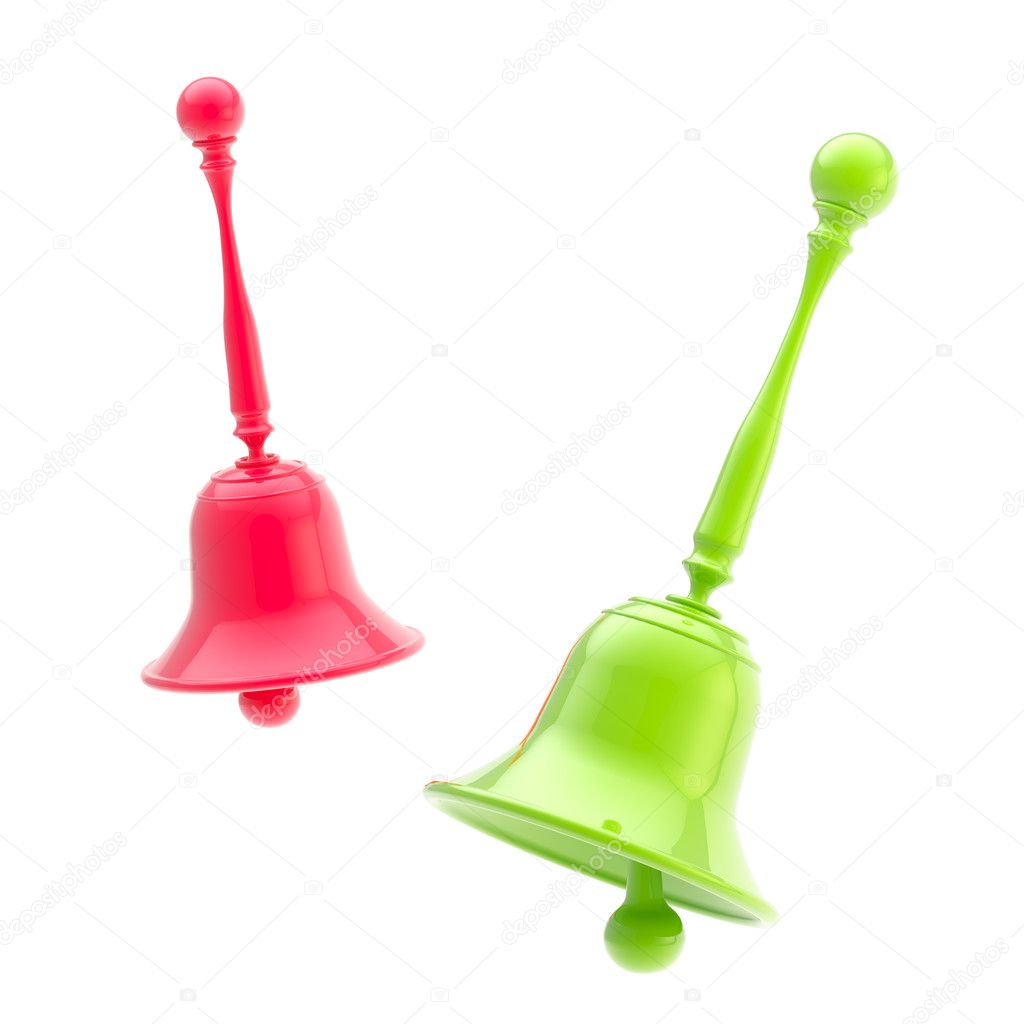 Two glossy green and scarlet handbells isolated