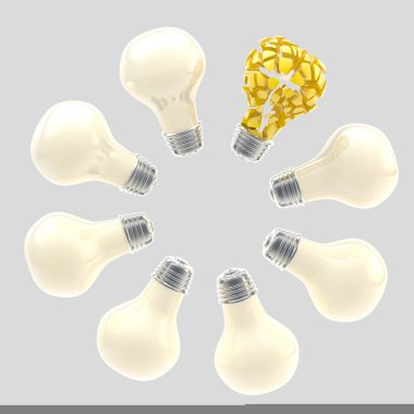 Yellow broken light bulb surrounded by white ones clipart