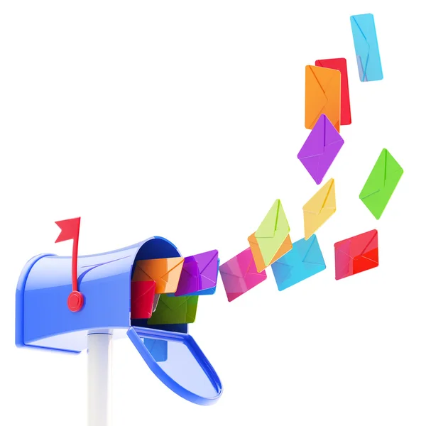Maibox en kudde van gekleurde letters vliegen in — Stockfoto