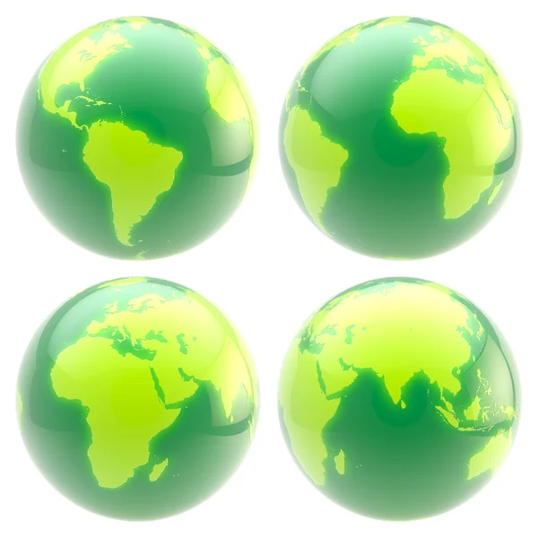 Öko-grüner Planet: Set aus vier glänzenden Globen — Stockfoto