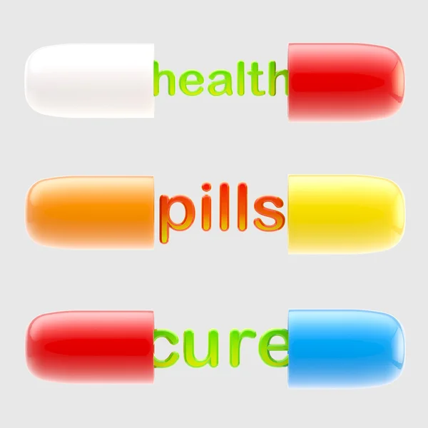 Salute e cura pillole con le lettere all'interno — Foto Stock