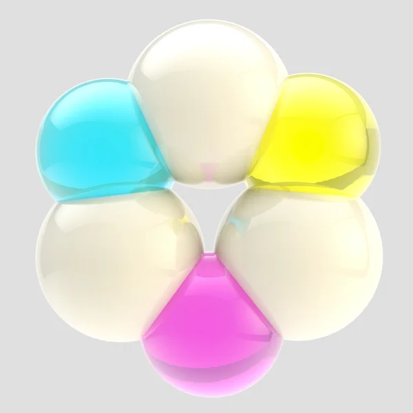 Emblema cmyk abstrato feito de esferas de vidro — Fotografia de Stock