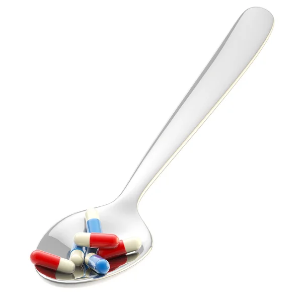 Cucchiaio di metallo con una porzione di medicinale isolata — Foto Stock
