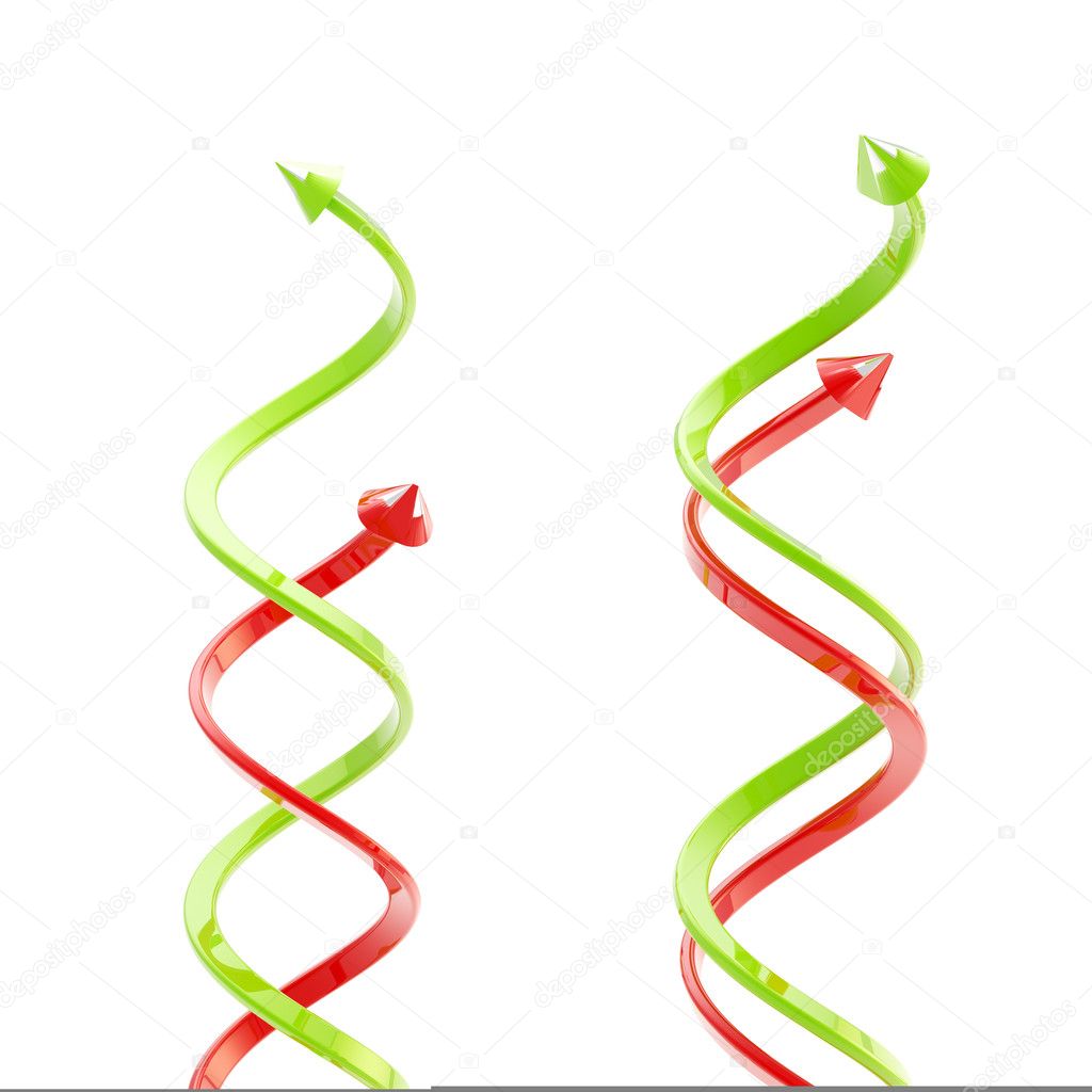 Two pairs of green and red spiral arrows