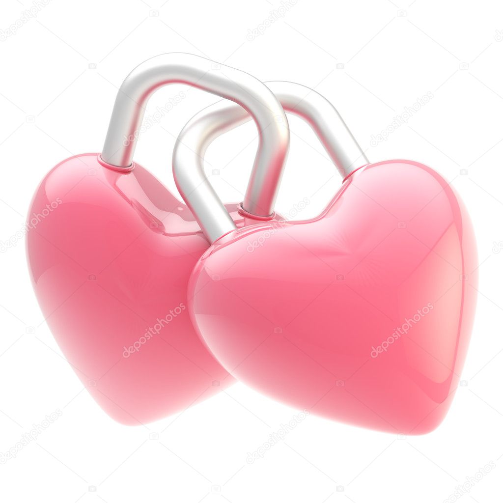 Two linked heart shaped locks isolated