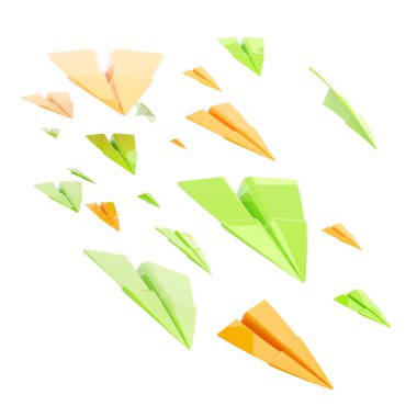 Glossy orange and green paper airplanes isolated clipart