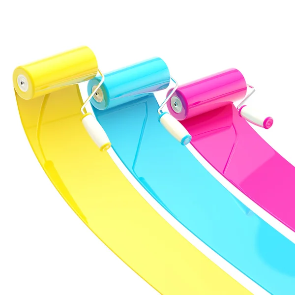 Colorful glossy paint rollers with color strokes — Stock Photo, Image
