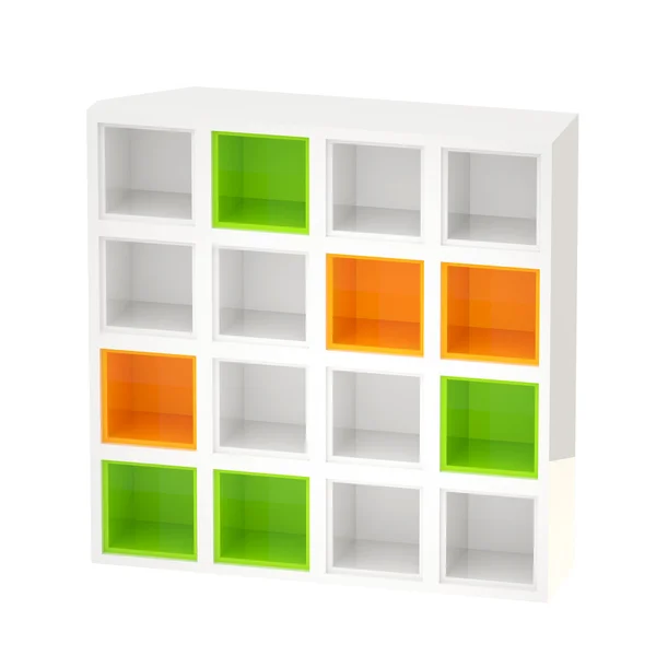 Witte glanzende boekenkasten, gekleurde cellen geïsoleerd — Stockfoto