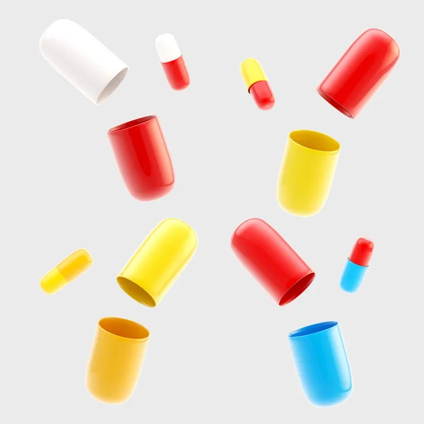Set di quattro pillole chiuse e aperte isolate — Foto Stock