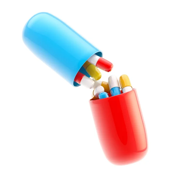 Błyszczący pigułki z mniejszych tabletek wewnątrz, na białym tle — Zdjęcie stockowe