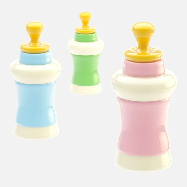 Set of three glossy baby bottles isolated — Stock Photo, Image