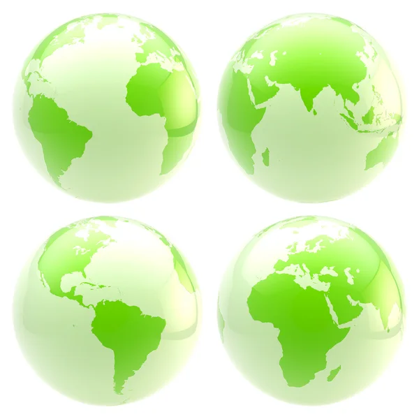 Öko-grüner Planet: Set aus vier glänzenden Globen — Stockfoto