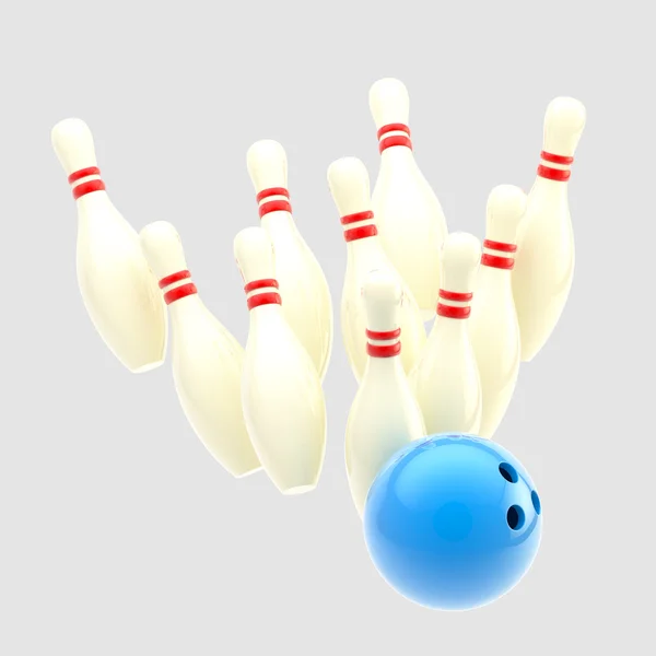 Bowling modrý míč rozbije na kolíky izolované — Stock fotografie